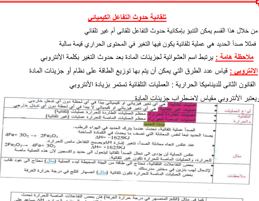 مذكرة درس تلقائية حدوث التفاعلات الكيمياء كيمياء الثاني عشر متقدم فصل اول امارات 2025 pdf
